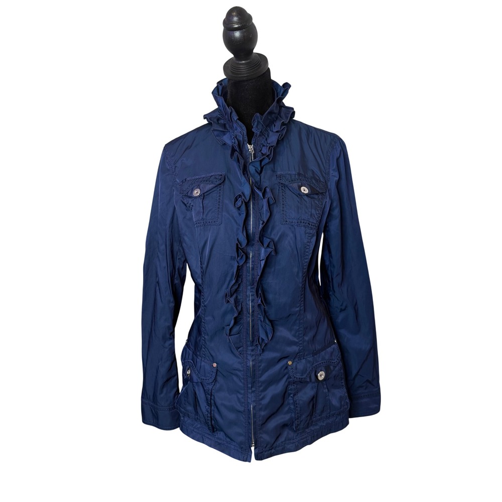 White House Black Market Satin Utility Jacket Womens S Navy High Collar Ruffle